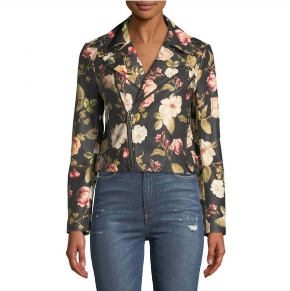 Alice + Olivia Black Floral Cody Cropped Lamb Leather Jacket NWT - Picture 1 of 13